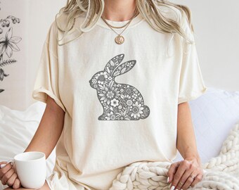 Floral Silhouette Easter Bunny - Digital Download, Intricate Flower Pattern Rabbit, Black and White Printable T-Shirt Design, Wall Art SVG