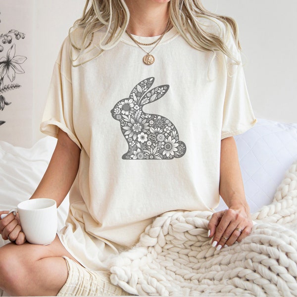 Floral Silhouette Easter Bunny - Digital Download, Intricate Flower Pattern Rabbit, Black and White Printable T-Shirt Design, Wall Art SVG