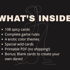Pu&ograve; includere: Sfondo nero con testo bianco che recita "WHAT'S INSIDE". Il testo elenca: 108 carte piccanti, regole complete del gioco, 4 temi cromatici erotici, carte speciali e carte vuote per creare le tue sfide.