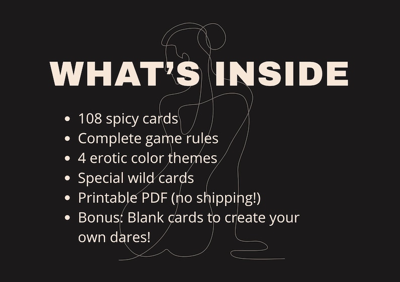 Pu&ograve; includere: Sfondo nero con testo bianco che recita "WHAT'S INSIDE". Il testo elenca: 108 carte piccanti, regole complete del gioco, 4 temi cromatici erotici, carte speciali e carte vuote per creare le tue sfide.