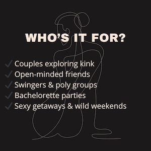 Pu&ograve; includere: Sfondo nero con testo bianco e un disegno a tratto di una persona. Il testo recita "PER CHI &Egrave;?" seguito da un elenco: Coppie che esplorano il kink, Amici aperti di mente, Gruppi swingers e poliamorosi, Addii al nubilato e Fughe sexy e weekend selvaggi.
