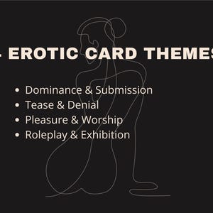 Pu&ograve; includere: Sfondo nero con testo bianco e un disegno a tratto di una persona. Il testo recita "4 TEMI DI CARTE EROTICHE" seguito da un elenco: Dominazione e Sottomissione, Provocazione e Negazione, Piacere e Adorazione e Gioco di Ruolo e Mostra.