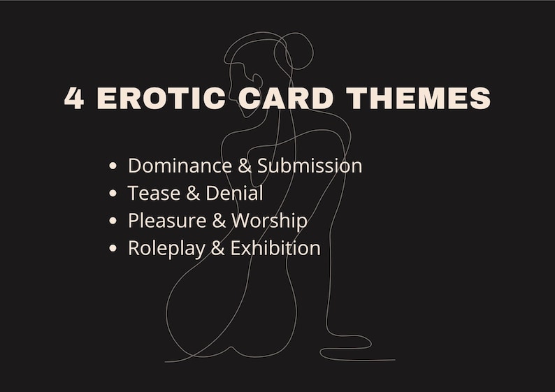 Pu&ograve; includere: Sfondo nero con testo bianco e un disegno a tratto di una persona. Il testo recita "4 TEMI DI CARTE EROTICHE" seguito da un elenco: Dominazione e Sottomissione, Provocazione e Negazione, Piacere e Adorazione e Gioco di Ruolo e Mostra.
