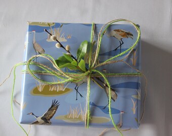 Può includere: Una scatola regalo blu con un motivo a gru è avvolta con spago marrone e verde. Un rametto di verde con fiori bianchi è legato allo spago.