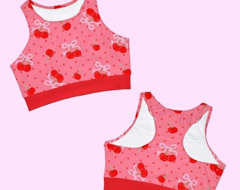 Cherry Babe High Neck Crop Bikini Top (AOP) - Pixel Red Cherry Retro Girl Aesthetic Gift for her Summer Handmade Girly Gamer Racerback