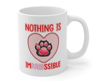 Nothing is IMPAWSSIBLE (Black Paw) Mug 11oz - Cute Black Cat Paw Pixel Art Coquette Aesthetic