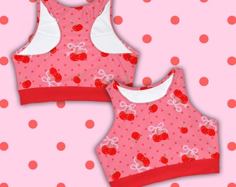 Cherry Babe High Neck Crop Bikini Top (AOP) - Pixel Red Cherry Retro Girl Aesthetic Gift for her Summer Handmade Girly Gamer Racerback