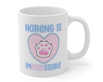 Nothing is IMPAWSSIBLE (White Paw) Mug 11oz - Cute Black Cat Paw Pixel Art Coquette Aesthetic