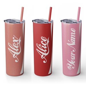 Personalized Cola Soda Themed Red Pink Glitter Skinny Tumbler with Straw, 20oz insulated hot cold drinks travel matte finish gift birthday