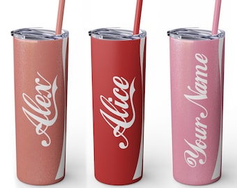 Personalized Cola Soda Themed Red Pink Glitter Skinny Tumbler with Straw, 20oz insulated hot cold drinks travel matte finish gift birthday