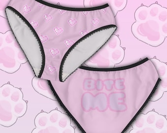 BITE ME pixel hearts print Women's Briefs (AOP) - Gamer girl cutie y2k vibes pink polyester comfy undies gift for her valentines day