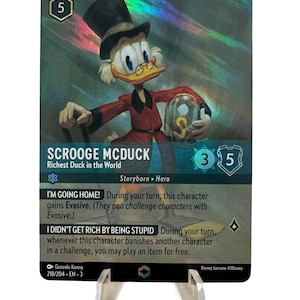 May include: A collectible trading card featuring Scrooge McDuck from Disney's Lorcana. The card has a holographic background and depicts Scrooge in a red coat and top hat. Text on the card includes "Scrooge McDuck" and game-related details.