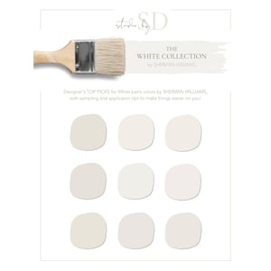 Puede incluir: Un pincel con mango de madera y una pincelada de pintura blanca. El texto dice "THE WHITE COLLECTION by SHERWIN WILLIAMS". Nueve muestras de pintura blanca se muestran debajo. El texto también dice "Designer's TOP PICKS for White paint colors by SHERWIN WILLIAMS".