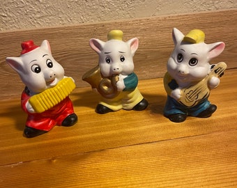 Vintage Three Pigs playing instruments vintage ceramic figurine collectible French horn, accordion and guitar fiddle