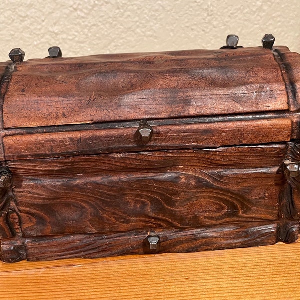 Antique wood box hand-carved solid wood box chest cast iron screw brutalist decor wooden box