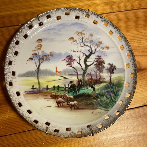 Vintage decorative wall plate hand-painted porcelain plate farm scene with trees and sheep gold edge display plate signed by artist