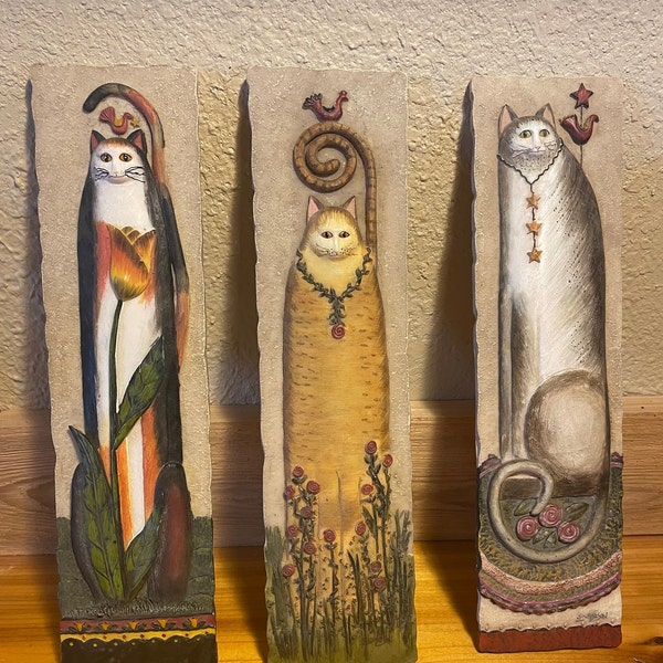 Vintage folk art cat wall decor set of 3 signed E. Smithson 3D art