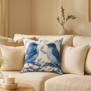 Birds in Blue Spun Polyester Square Pillow, Decorative Throw Pillow, Accent Cushion, Sofa Pillow, Couch Pillow, Home Decor
