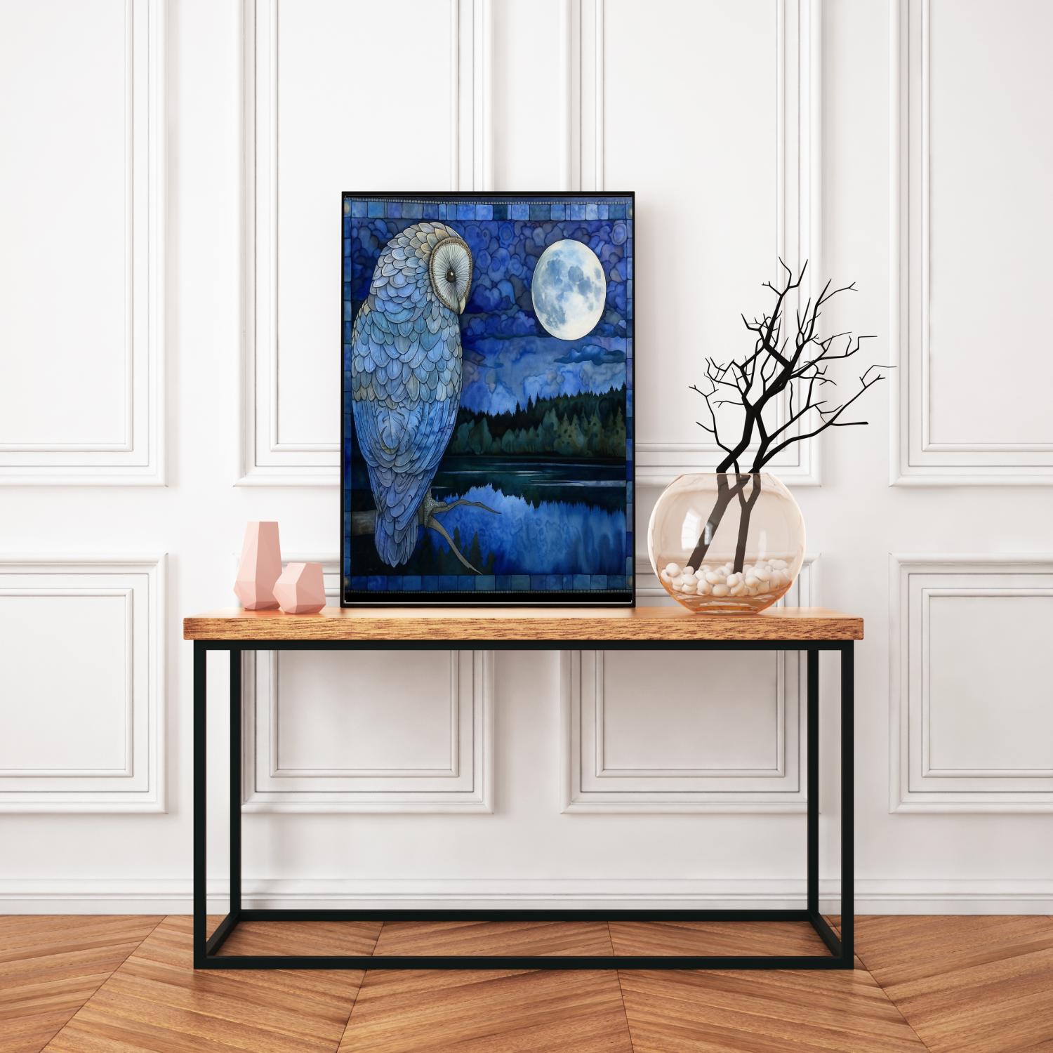 Mystical Owl Night Art Print, Blue Moon Forest Wall Decor, Celestial Wildlife Printable, Dark Academ