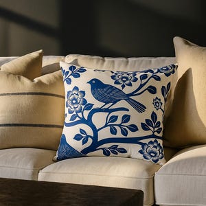 Elegant Blue Bird Floral Pillow, Cozy Home Decor, Gift for Bird Lovers, Accent Cushion, Farmhouse Style, Nature Inspired Decor