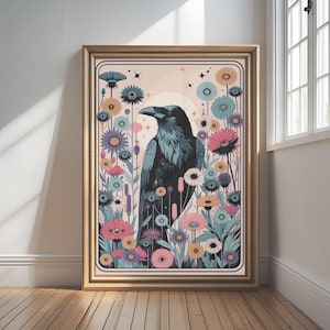 Mystic Raven in Wildflowers Matte Poster | Dark Cottage core Wall Art | Botanical Gothic Crow Print | Raven Floral Illustration