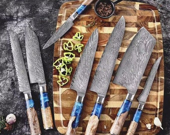 7-piece Damascus Steel Knife Set with Luxury Blue Resin Handles and Leather Sheath, best gift for her, best gift for him, gift for a groom