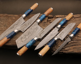 Custom Handmade 7-Piece Damascus Chef Knife Set with Blue Resin and Wood Handles, Gift For Him, Gift For Her, Gift For a Grooms, Vintage