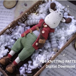 Op de afbeelding: Handgemaakte gebreide hertenpop met een witte kop, bruine geweien en een rood vest met houten knopen. De pop draagt een groene broek en bruine schoenen, rustend in een gevlochten mand met witte pluis. Tekst: "PDF Knitting Pattern Digital Download."