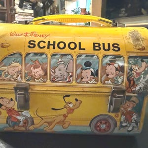 Vintage 1960s Aladdin Disney Metal Lunch Box & Thermos – Yellow School Bus Design – Classic Retro Charm with Well-Loved Characters
