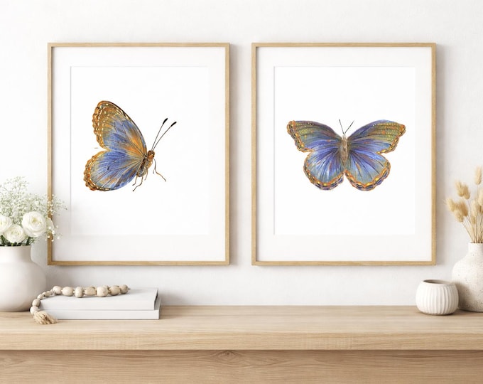 Featured listing image: Butterfly Wall Art Set of 2 – Blue Butterfly Prints, Digital Download, Nature Art, Printable Butterfly Artwork, Nursery or Living Room Decor