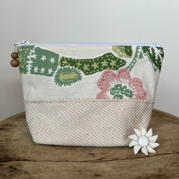 Pink and Green Floral Cosmetic Case, travel pouch, zipper bag, make up bag, toiletry case, phone clutch, tropical travel tote