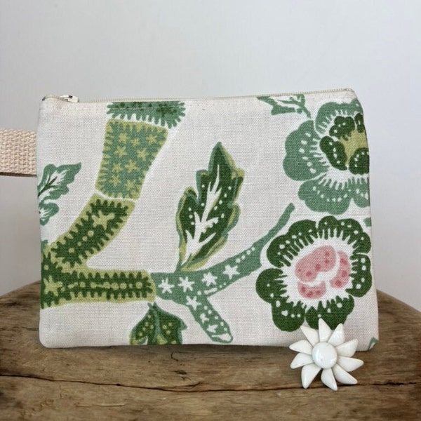 Fresh green and pink floral zip pouch, makeup bag, toiletry pouch, travel case, phone bag, clutch bag, tropical zipper pouch, birthday gift