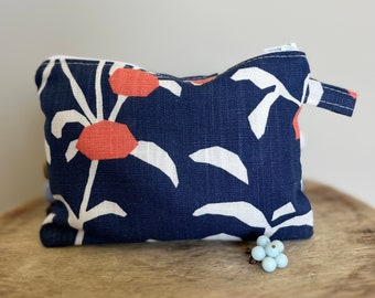Navy and coral pink zipper pouch, floral cosmetic bag, travel case, make-up bag, spa bag, designer blue fabric bag, special birthday gift