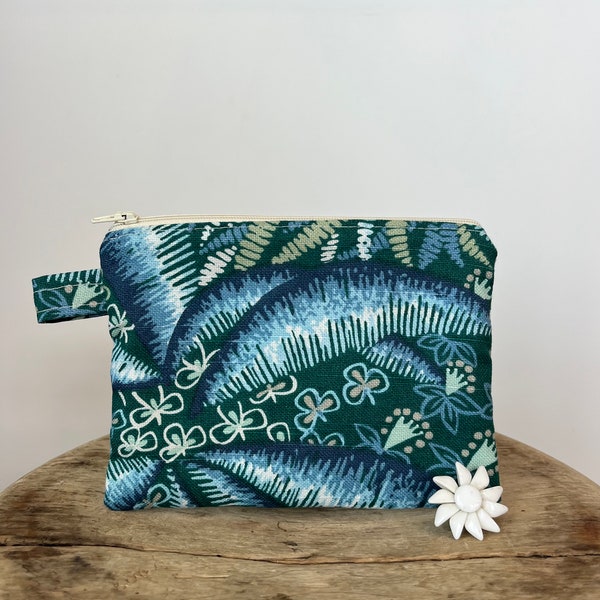 Tropical teal zipper pouch, floral cosmetic bag, travel case, make-up bag, spa bag, designer blue and teal fabric bag, special b-day gift