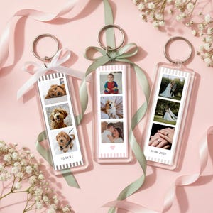 May include: Three rectangular acrylic keychains featuring vertical photo strips. The left keychain displays three dog photos and the name RUPERT. The centre shows a child and dog photos. The right shows wedding photos and the date 10.06.2026.