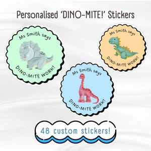 パーソナライズされた先生用ステッカー | 48 枚の DINO-MITE l 恐竜ステッカー | ご褒美ステッカー | よくできましたステッカー | しゃれ面白い先生