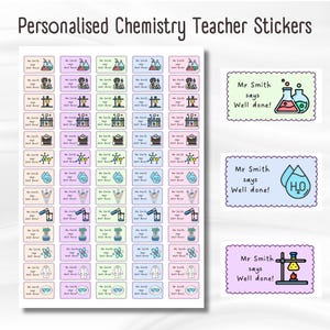Stickers professeur de chimie personnalisés - 65 stickers mats | Cadeau pour professeur de chimie | Fournitures pour professeur de chimie