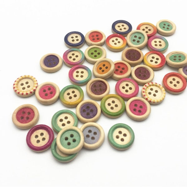 20pcs small 15mm printed wooden buttons mixed colour design 4-hole
