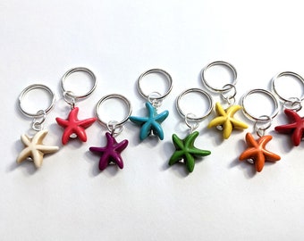 8 handmade stitch markers rainbow starfish, optional storage tin