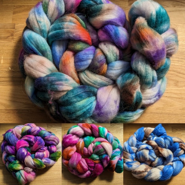 Hand dyed superwash merino/nylon wool roving 100g neon