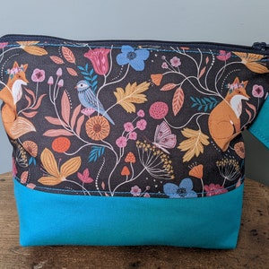 Fox and bird print zip project bag for knitting or crochet small size
