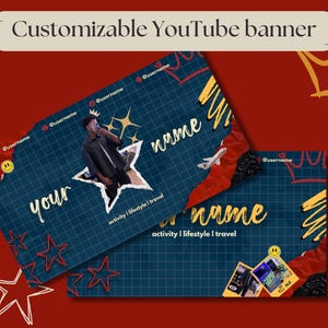 May include: A customizable YouTube banner template with a blue grid background, a large gold star, and the text "your name" in yellow. The banner also features a person wearing a black jacket, a red airplane, and other decorative elements.