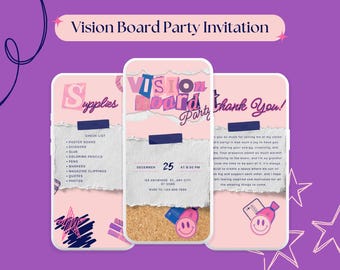 May include: A pink and white phone screen with a vision board party invitation. The invitation includes a checklist of supplies needed for the party, the date and time of the party, and a thank you message. The text on the screen reads "Vision Board Party Invitation", "Supplies", "Check List", "Poster Board", "Scissors", "Glue", "Coloring Pencil", "Pens", "Markers", "Magazine Clippings", "Quotes", "Photos", "December 25", "At 8:30 PM", "125 Anywhere St, Any City", "RSVP to 123-456-7800", and "Thank You!"