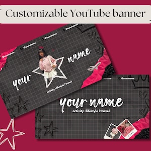 May include: Customizable YouTube banner design with a dark gray grid background, featuring a photo of a person in a star, the text "your name", and the words "activity | lifestyle | travel". Includes decorative stars and hearts.