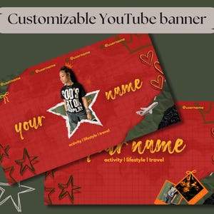 May include: A customizable YouTube banner template with a red background, a large yellow star, and the text "your name" in yellow. The banner also features a girl wearing a black shirt with the text "God's Plan" on it, a crown, hearts, and a plane.