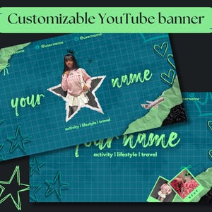 May include: A customizable YouTube banner template with a green and blue color scheme. The banner features a ripped paper design with a star shape cutout. The text "your name" is written in a green font. The banner also includes a grid pattern, hearts, and the text "activity | lifestyle | travel".
