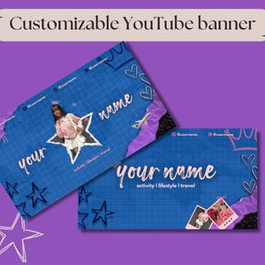 May include: A customizable YouTube banner template with a blue grid background, pink hearts, and a crown. The text "your name" is written in pink cursive. The text "activity | lifestyle | travel" is written in white.