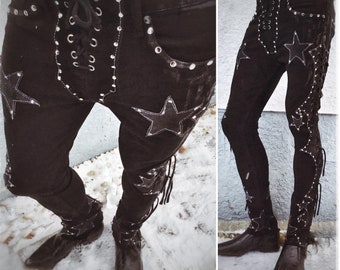 Custom order "STARSTUDDED" Stage Pants Streetwear with leather and suede lace-up Rockwear Stagewear