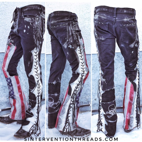 Custom Order American Grunge Red White &blue Stage Pants Streetwear With  Leather and Suede Lace-up Rockwear Stagewear 