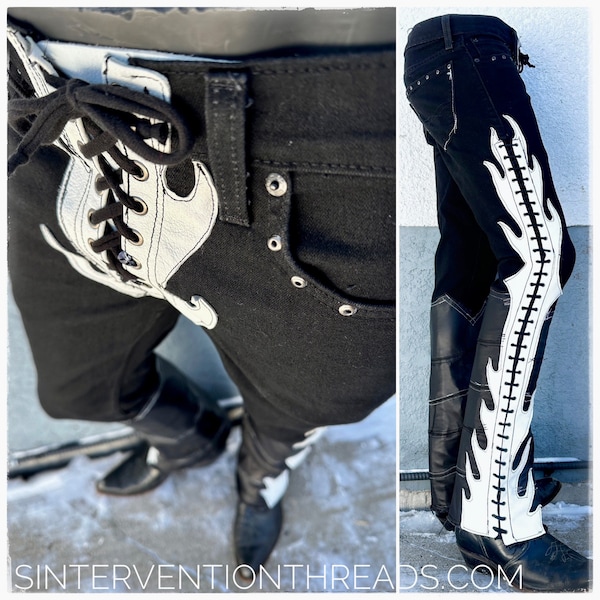 Custom order Blaze - White Hot Stage Pants Streetwear with leather and suede lace-up Rockwear Stagewear